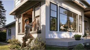 Modern home comparing window repair and full window replacement with energy-efficient vinyl windows