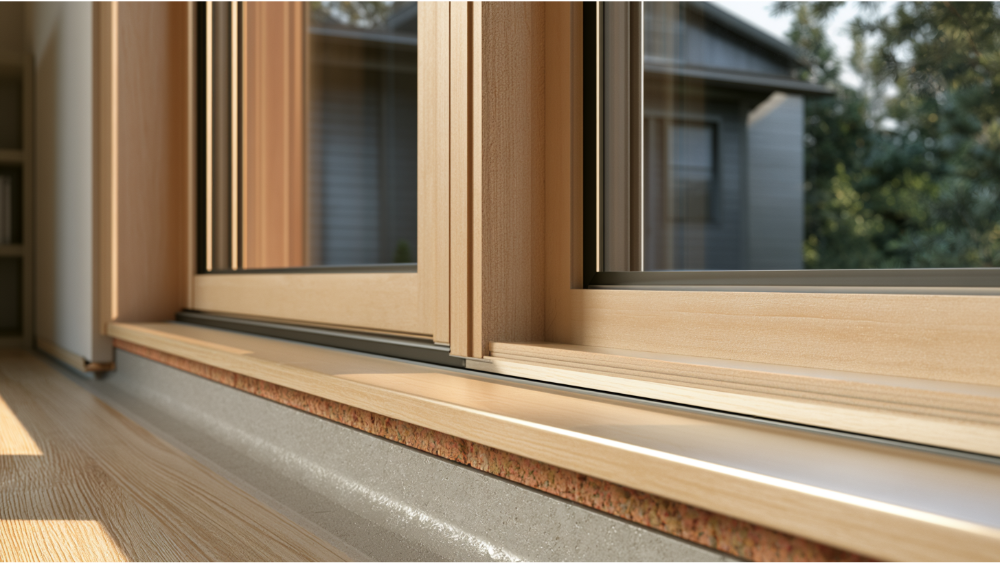 Detailed close-up of a modern window showing the sill, stool, apron, and sill pan components.